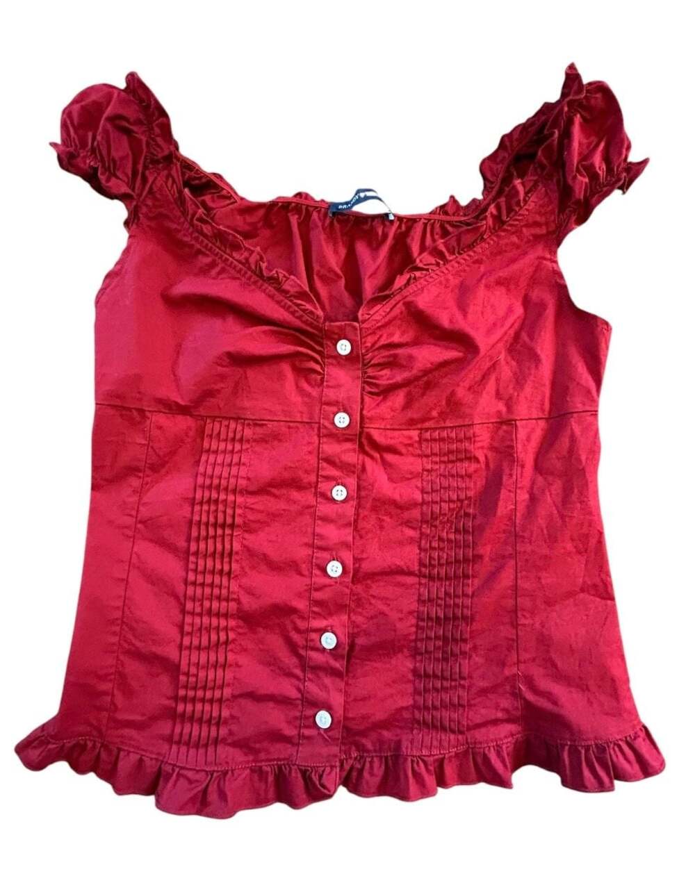 Brandy Melville Red Elena Top with Cap Ruffle Sleeves and Pleating